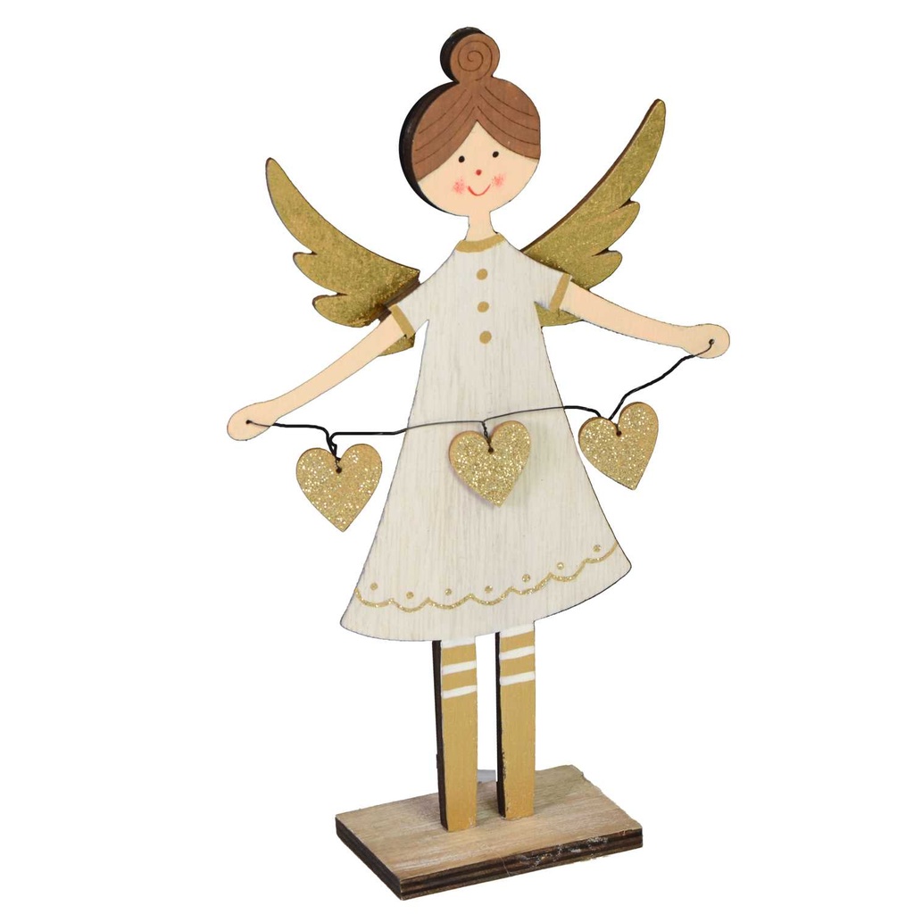 Angelo in legno con cuori bianco oro 16x5x26 cm