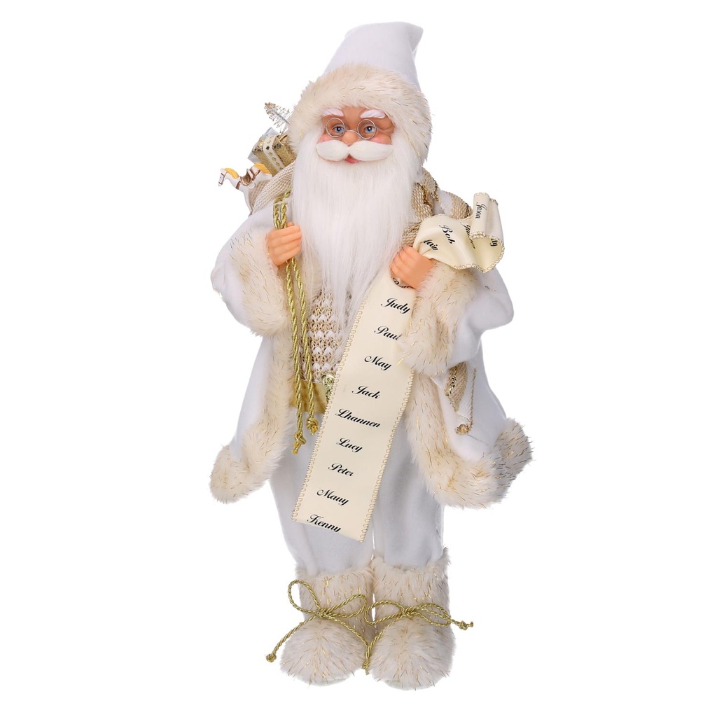 Babbo Natale Tessuto con Regali e Lista, Bianco Oro, 24x12x45 cm