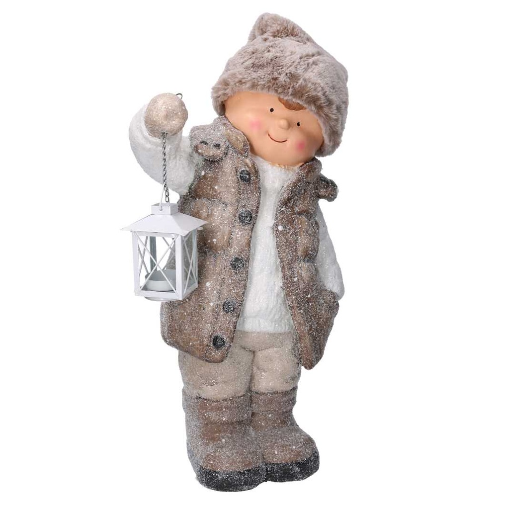 Statuetta Bambino in Resina con Lanterna Beige 30x21x51 cm