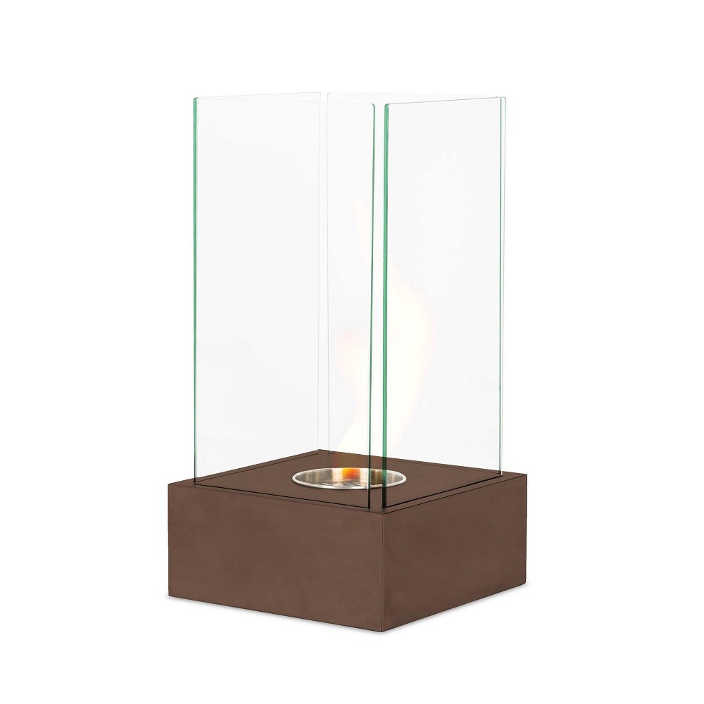 Caminetto al bioetanolo moderno in ruggine, con struttura in acciaio satinato e vetro temperato, 25 x 25 x 65 cm