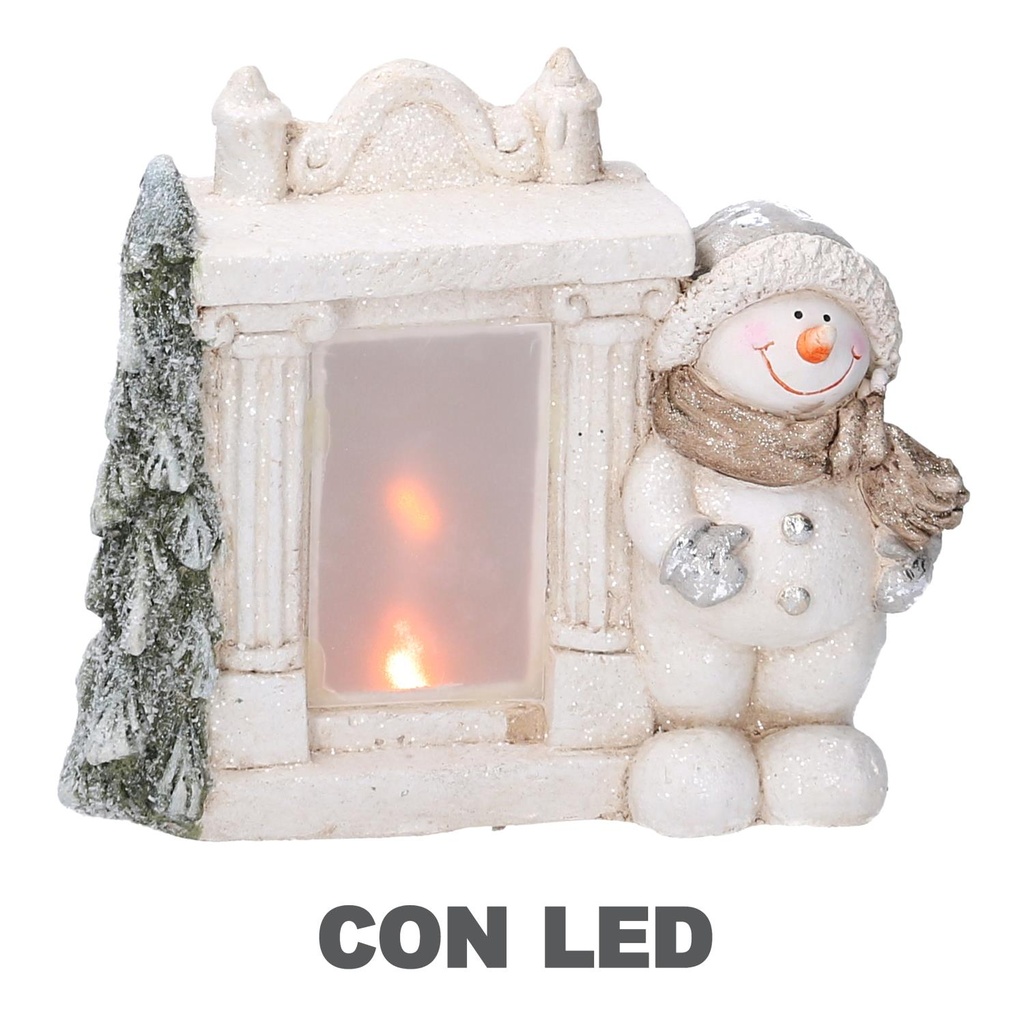 Camino in resina con pupazzo di neve LED bianco 27x12x23 cm