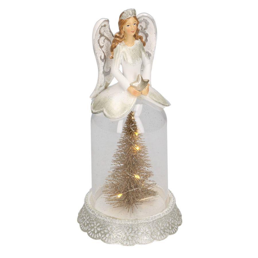 Campana in vetro e resina bianca con angelo e pino, dimensioni 12x12x24 cm