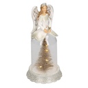 Campana in vetro e resina bianca con angelo e pino, dimensioni 12x12x24 cm