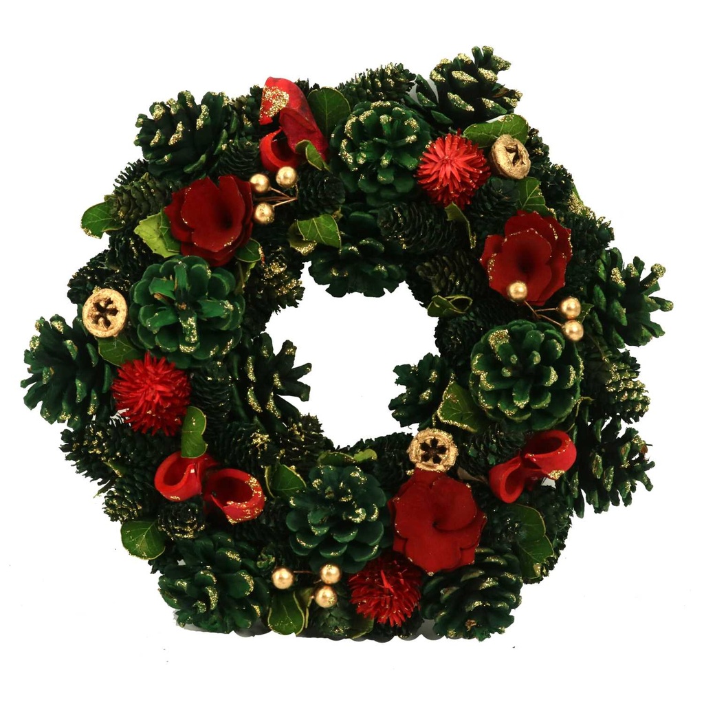 Corona con fiori rossi e pigne verdi ø30h8 cm