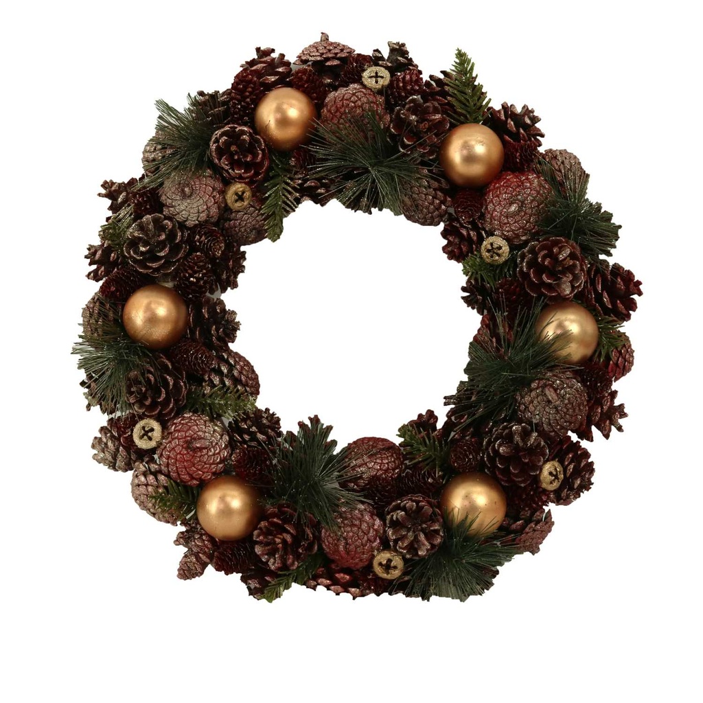 Coroncina con palline oro e pigne amaranto ø45h8,5 cm
