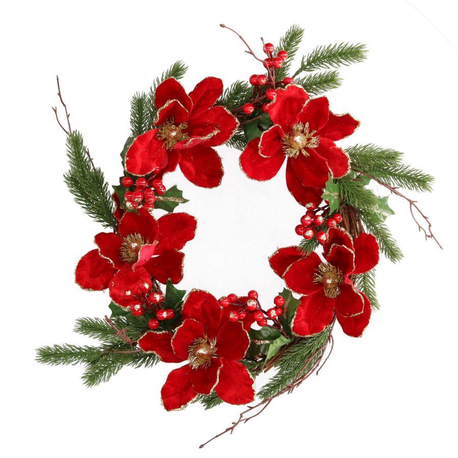 Coroncina Fiori Bacche Rosso Oro Tondo 50x40 cm