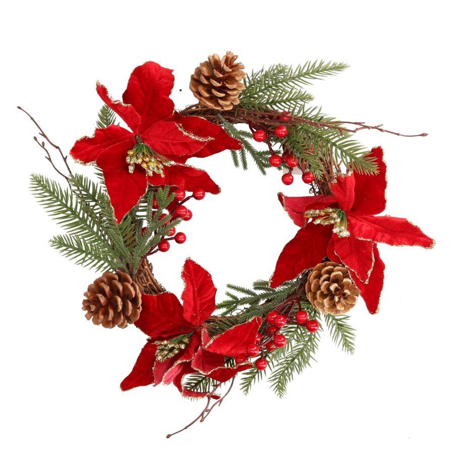 Coroncina Fiori Pigne Rosso Oro Tondo 50x10 cm