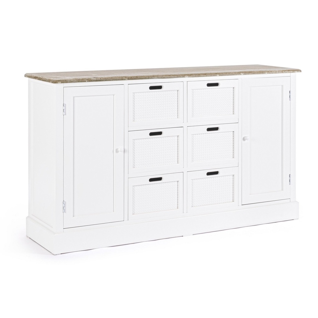 Credenza in legno nobilitato bianco, 2 ante, 4 cassetti, 149.5x40x87 cm