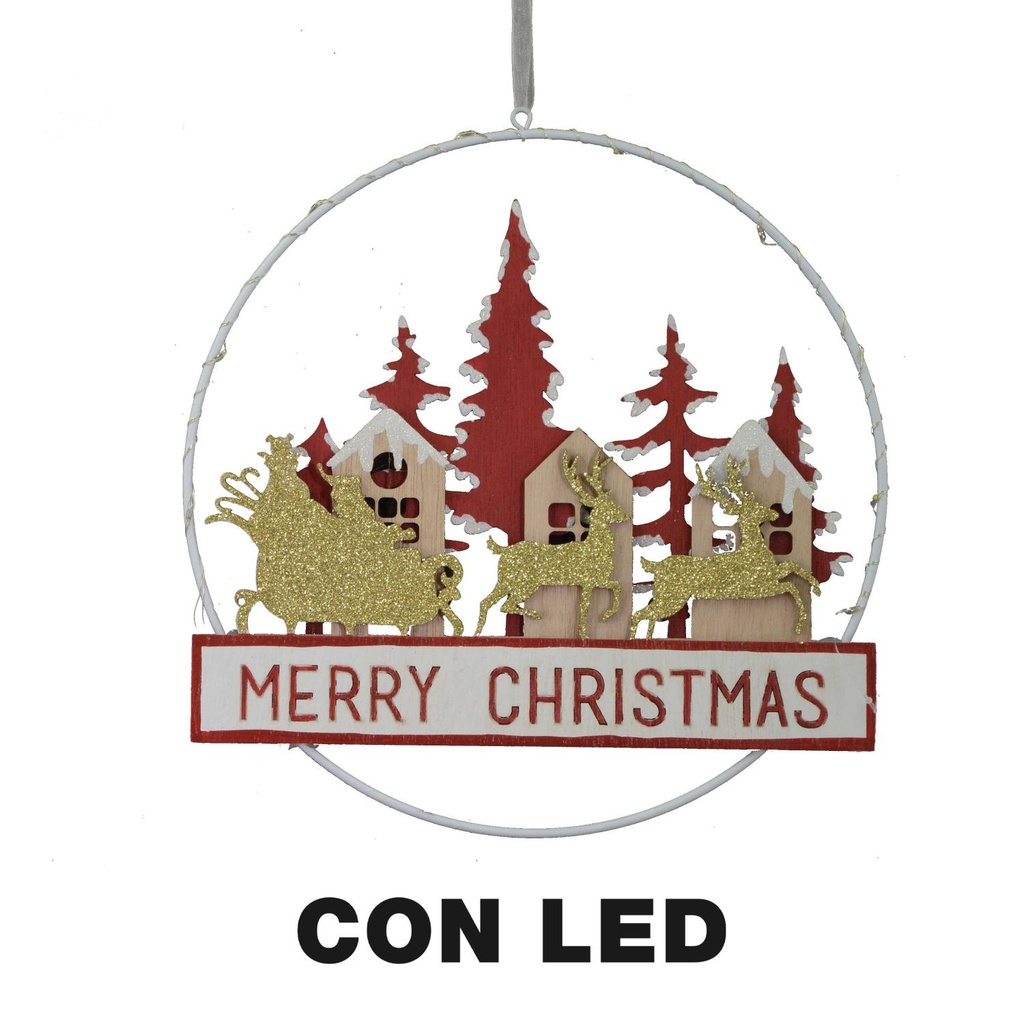 Ghirlanda in metallo e legno con scritta LED rosso - 24x3,5x40,5 cm