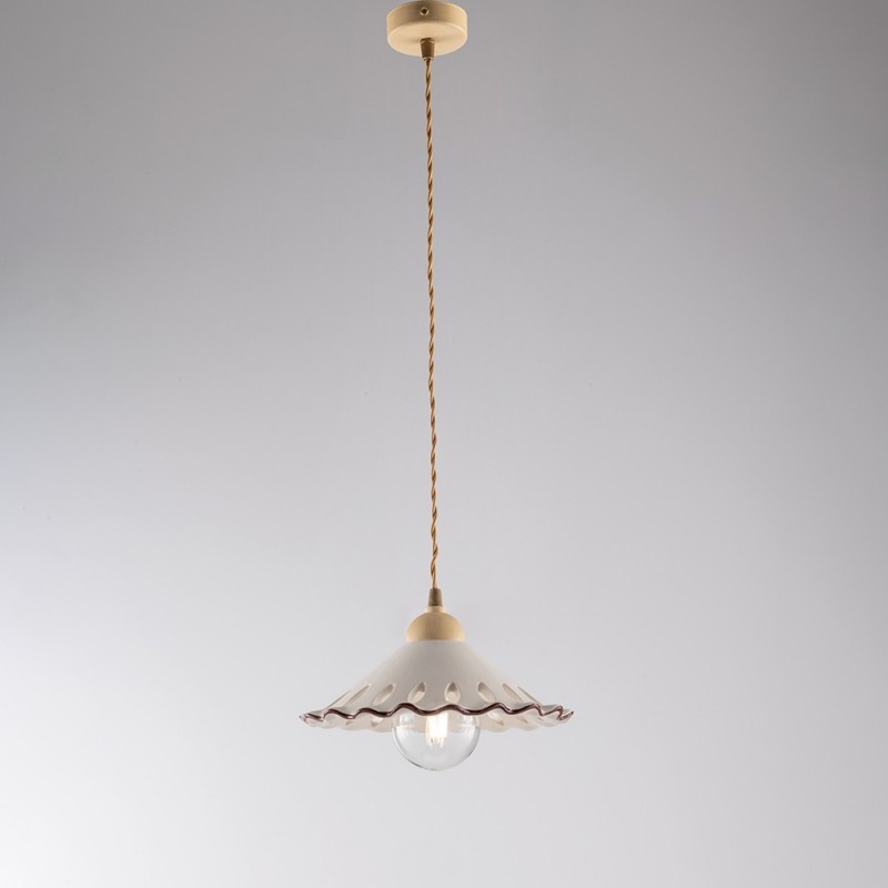 Lampadario con cavo in tessuto Avorio Decape una luce paralume in ceramica Bianco 30x h15 cm