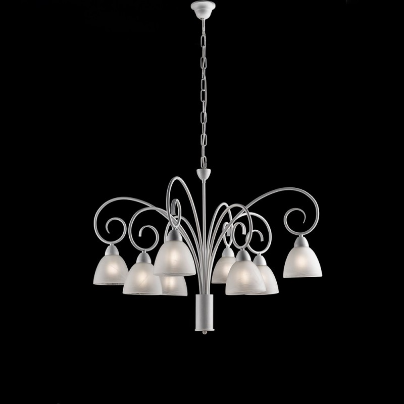 Lampadario ferro Bianco shabby paralumi vetro Alabastro Bianco otto luci 81x h58 cm