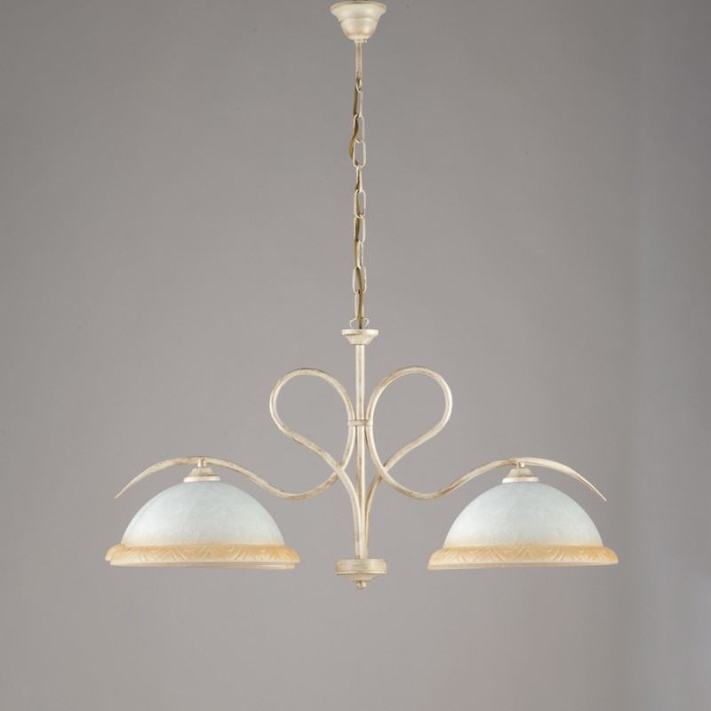 Lampadario in ferro Avorio Oro due luci vetri Bianchi e Ambra 79x h43 cm