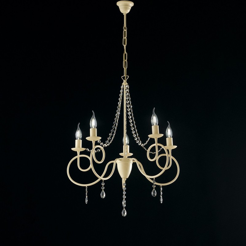 Lampadario in ferro Avorio cinque luci decorazione decape e strass 58x h72 cm