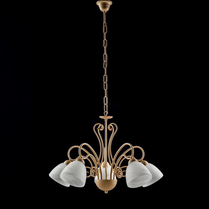 Lampadario in ferro Avorio cinque luci paralumi in vetro Alabastro Bianco 60x h45 cm