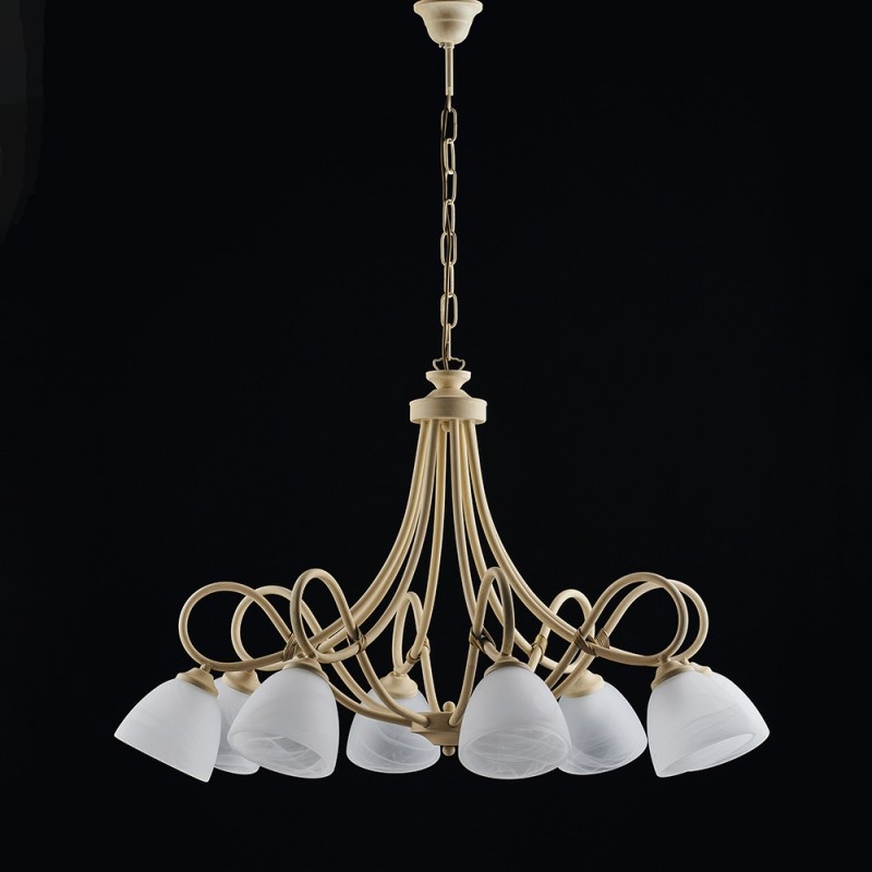 Lampadario in ferro Avorio decape otto luci paralumi in vetro Alabastro bianchi 81x h55 cm