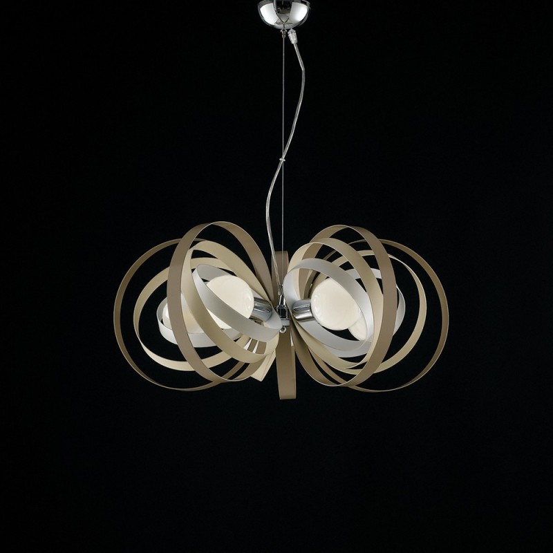 Lampadario in ferro Bianco Tortora cinque luci rifiniture Cromo 62x h30 cm