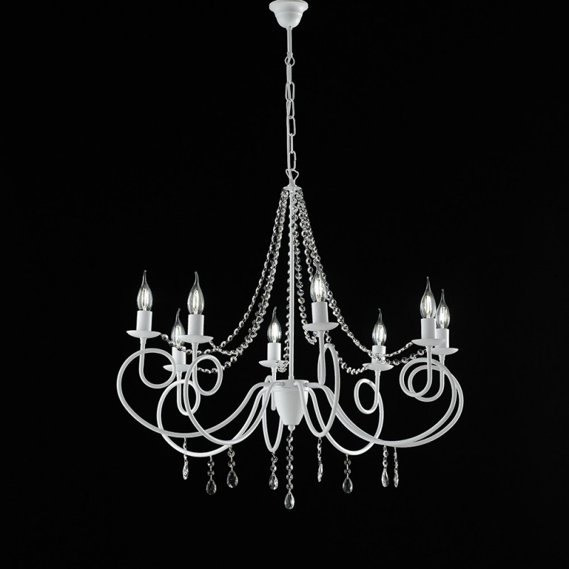 Lampadario in ferro Bianco otto luci decorazione shabby e strass 80x h75 cm