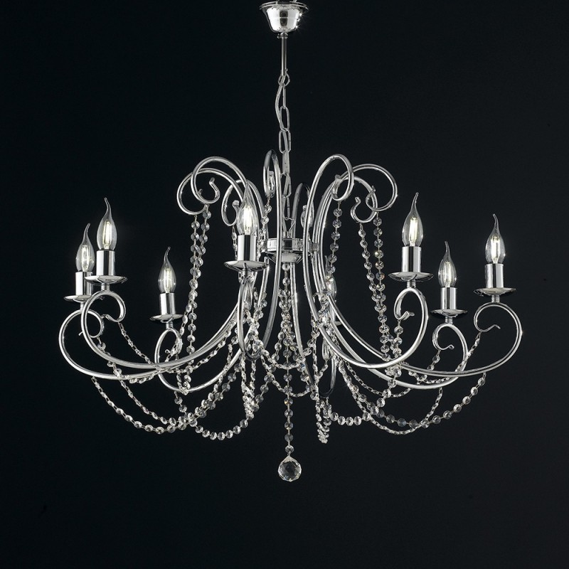 Lampadario in ferro Cromato otto luci con strass 74x h58 cm