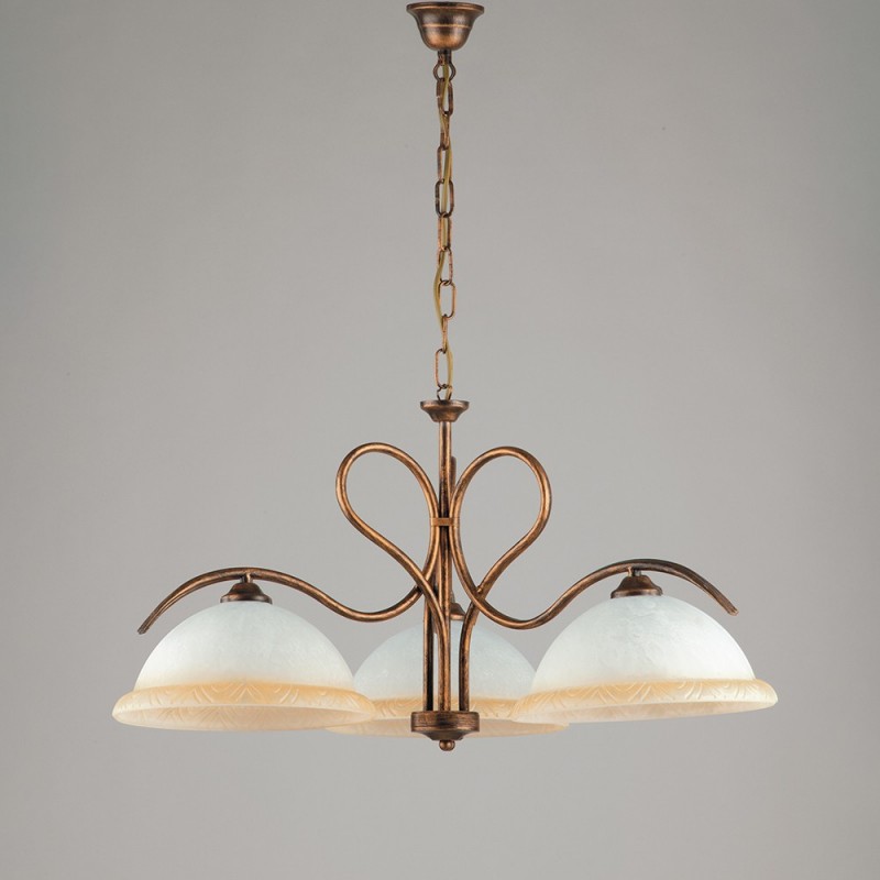 Lampadario in ferro Marrone Oro tre luci vetri Bianchi e Ambra 68x h43 cm