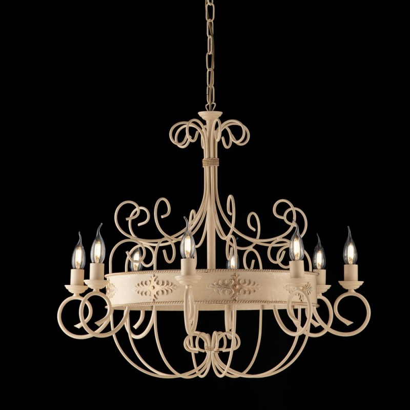 Lampadario in ferro laccato avorio con decoro decape 8 luci con fregi