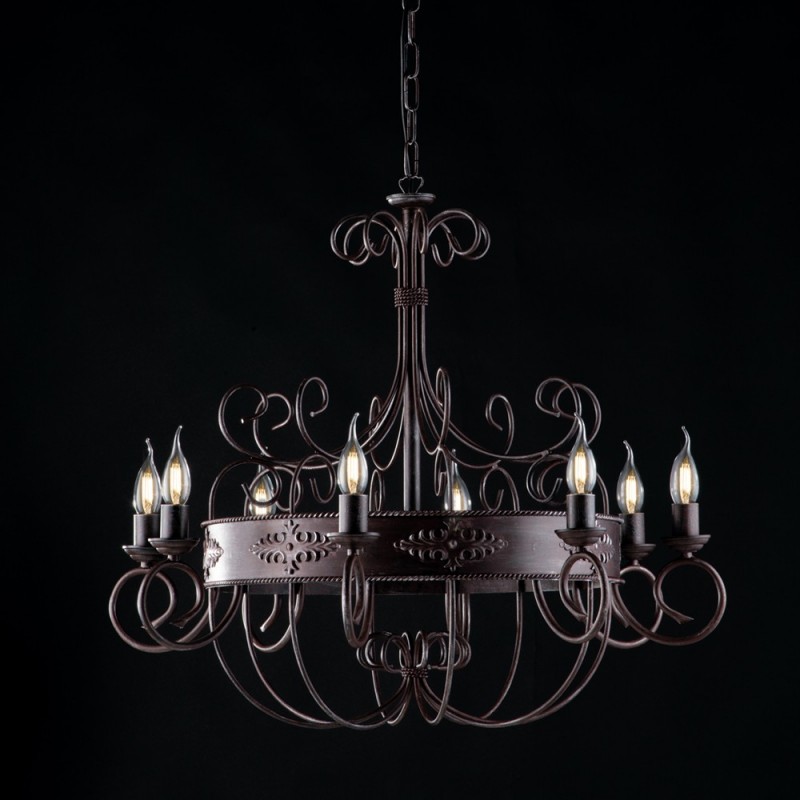 Lampadario in ferro laccato nero con decorazione ruggine 8 luci cm 76