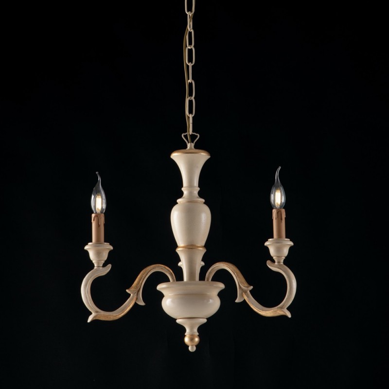 Lampadario in legnoAvorio e Foglia Oro tre luci 43x h50 cm
