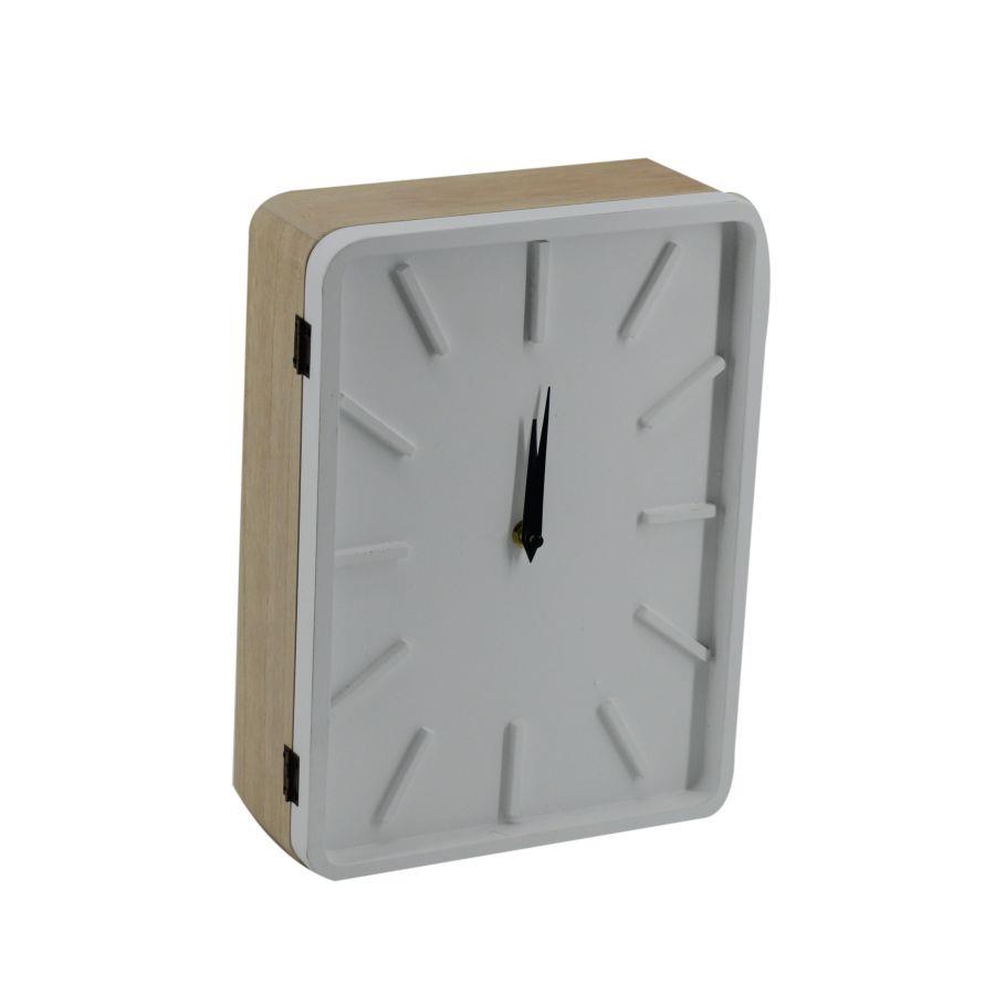 Orologio in legno bianco con portachiavi cancelletto rettangolare 22x30x8 cm