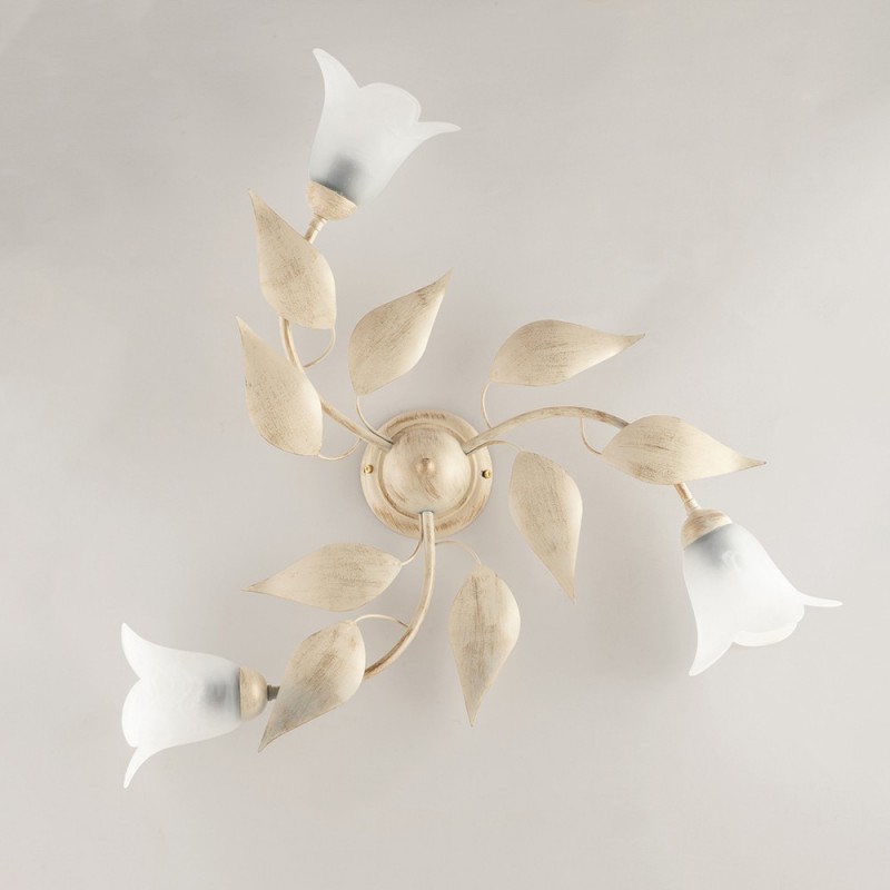 Plafoniera in ferro Avorio Oro tre luci vetri Alabastro Bianchi 67x h20 cm