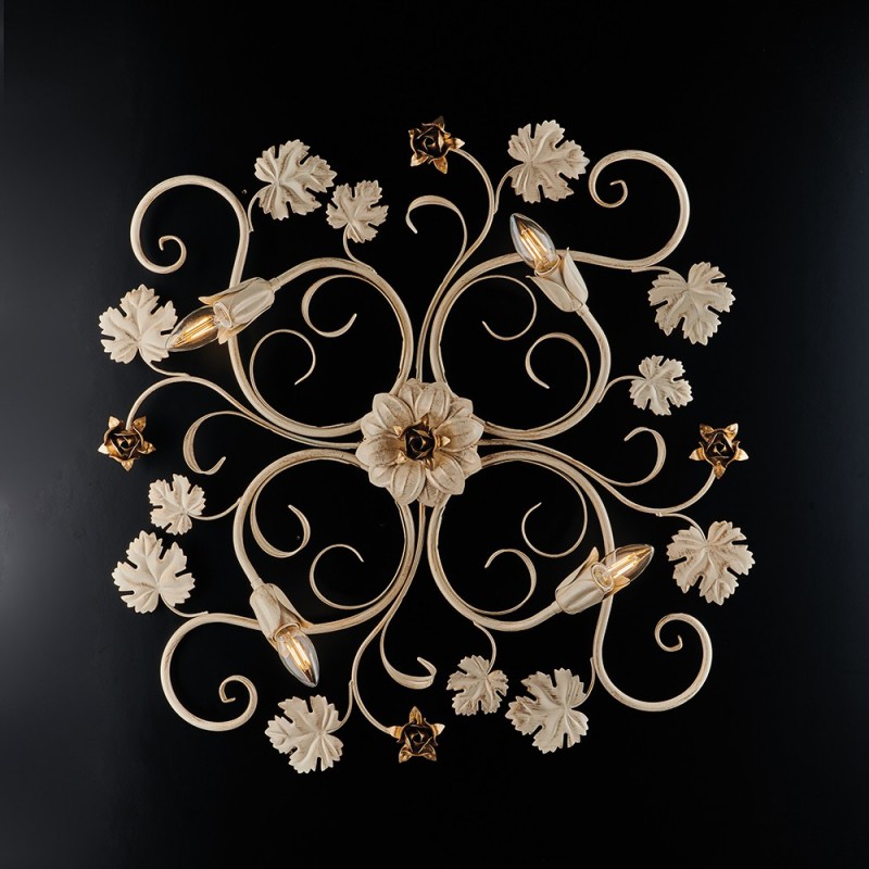 Plafoniera in ferro Avorio decape rose Oro quattro luci 76x67x h17 cm
