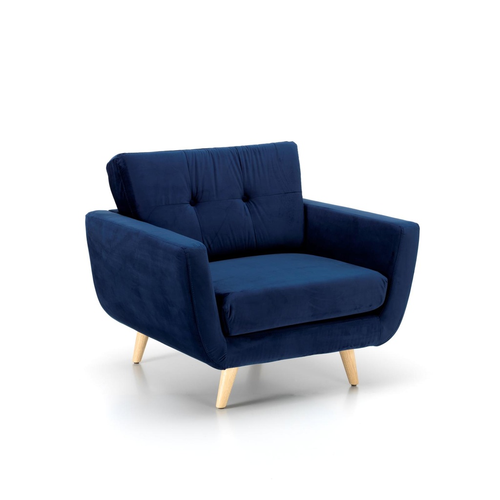 Poltrona in tessuto blu con gambe in legno marrone chiaro, 89x97,5x82