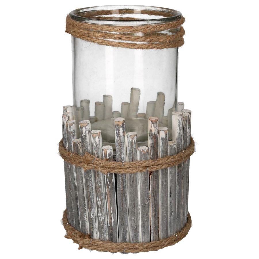 Portacandele in legno e vetro sbiancato, forma tonda, dimensioni ø15x19cm