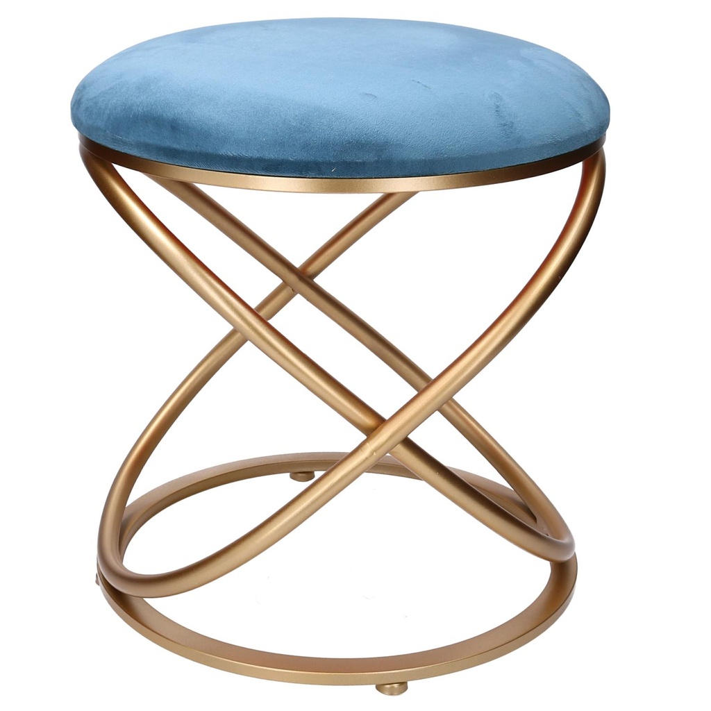 Puff in metallo e velluto ottanio, tondo cmø36h42