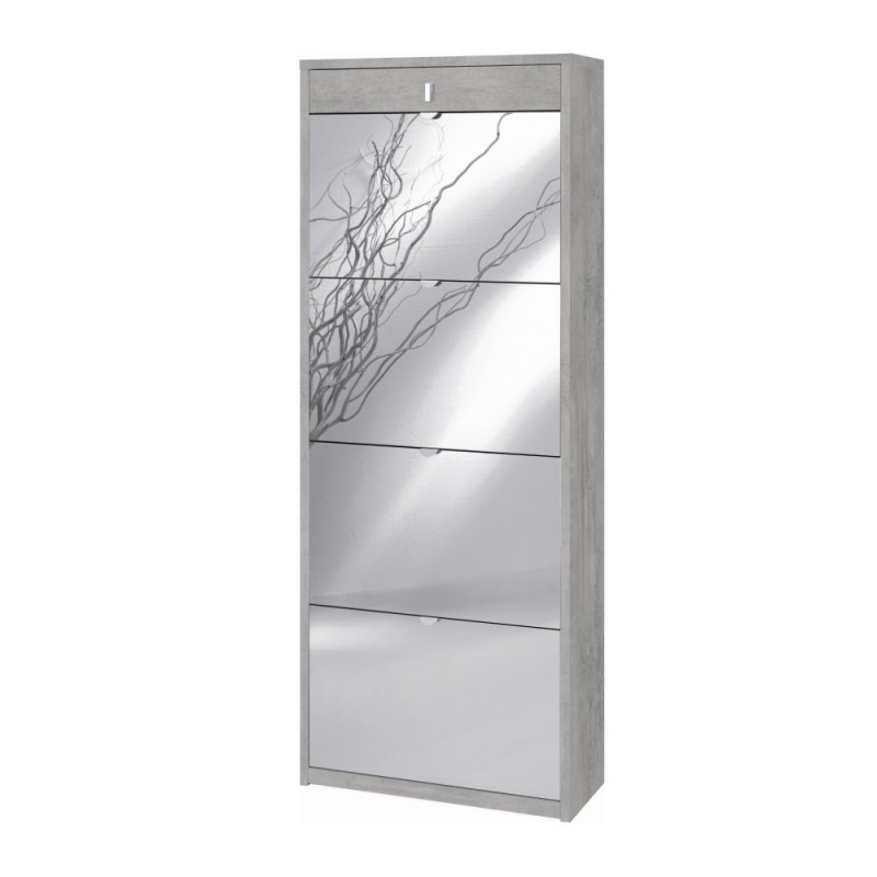 Scarpiera con quattro ante a specchio e un cassetto superiore Beton Cemento 63x29x h164 cm