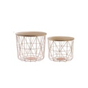 Set 2 Tavolini con Contenitore e Intreccio in Rame - Struttura in Acciaio - Piano in Legno di Mango - Diametro 45 cm e 40 cm - Altezza 39 cm