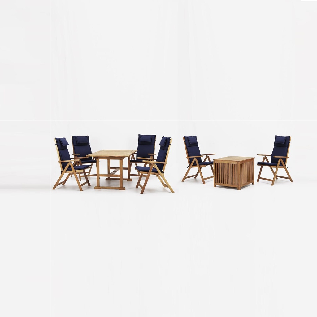 Set da esterno in legno d'acacia con cuscini, colore marrone e blu, dimensioni 90x146/200x75cm