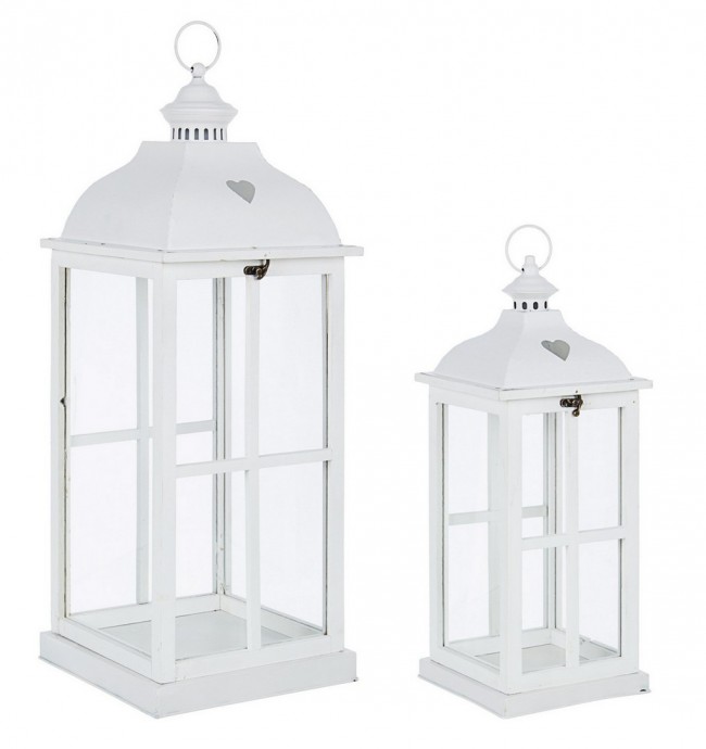 Set2 Lanterna Cross Cuore Qu Bianco - Metallo, Legno di Abete e Vetro - Dimensioni: 22,5x22,5x67,5 cm e 19,5x19,5x49,5 cm