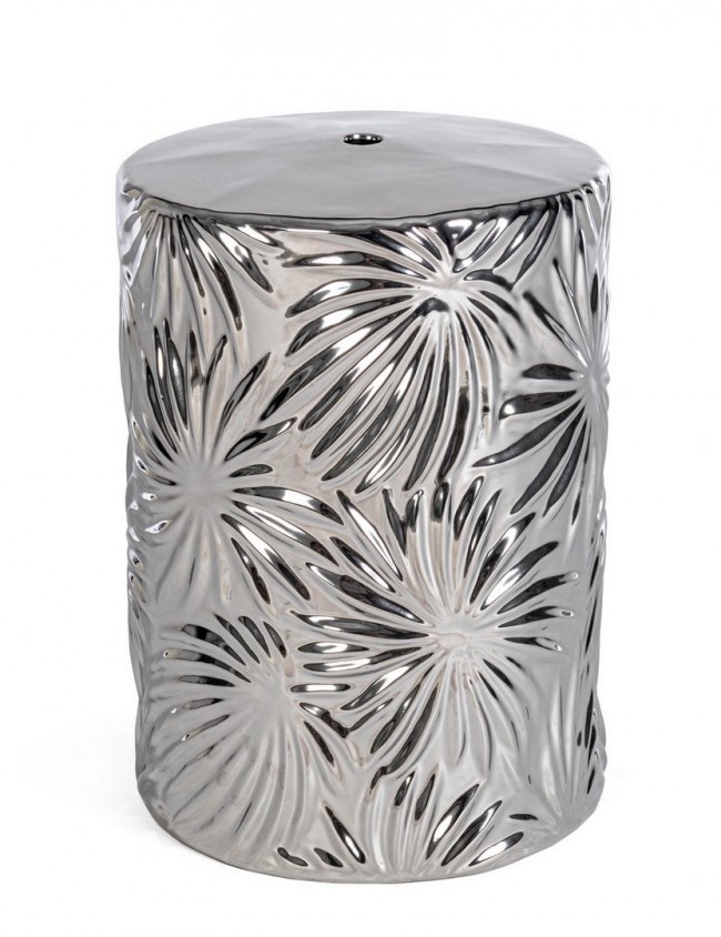 Sgabello Sfinge Leaf Argento - Ceramica, Verniciatura Elettrolitica - Adatto per Uso Interno ed Esterno - Ø33a x 46h