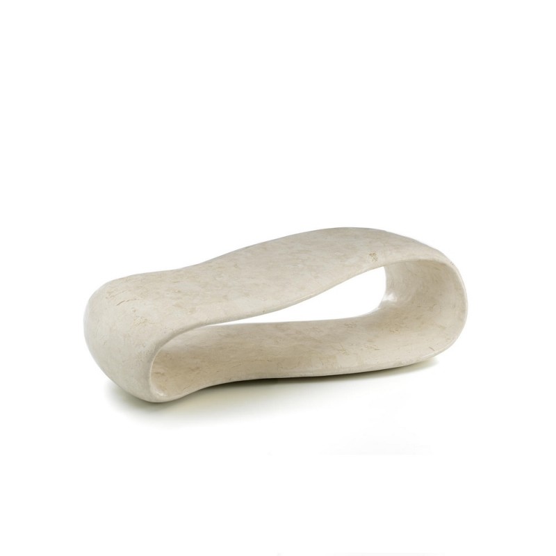 Tavolino moderno in pietra beige con base in agata bianca e struttura interna in melaminico marino, 123x60x34