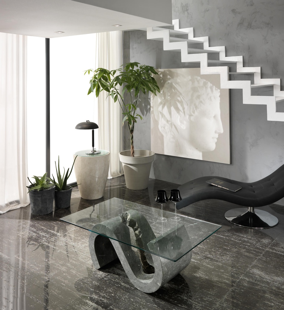 Tavolino trasparente-grigio, vetro temperato e pietra fossile, 70x120x36 cm