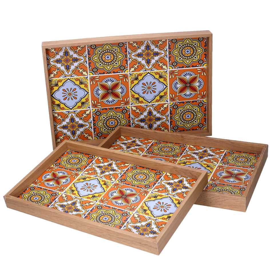 Vassoio in legno arancione con bordo naturale - 45x30x4 cm