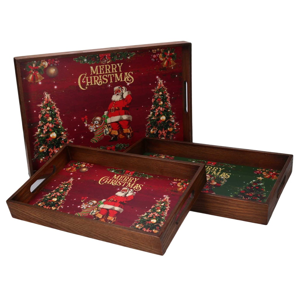 Vassoio in legno rettangolare rosso verde con scritta Merry Christmas - 45x30x4,5 cm