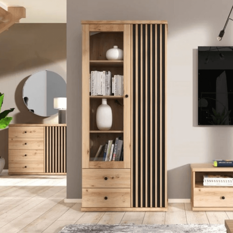 Vetrina con 2 ante in vetro, 2 cassetti e piedi in legno - Colore rovere antracite - Misure 92x40x198 cm