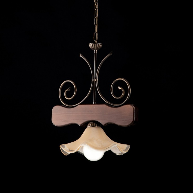Lampadario in Legno e Ferro Noce Antico Paralume in Vetro 43x h48 cm