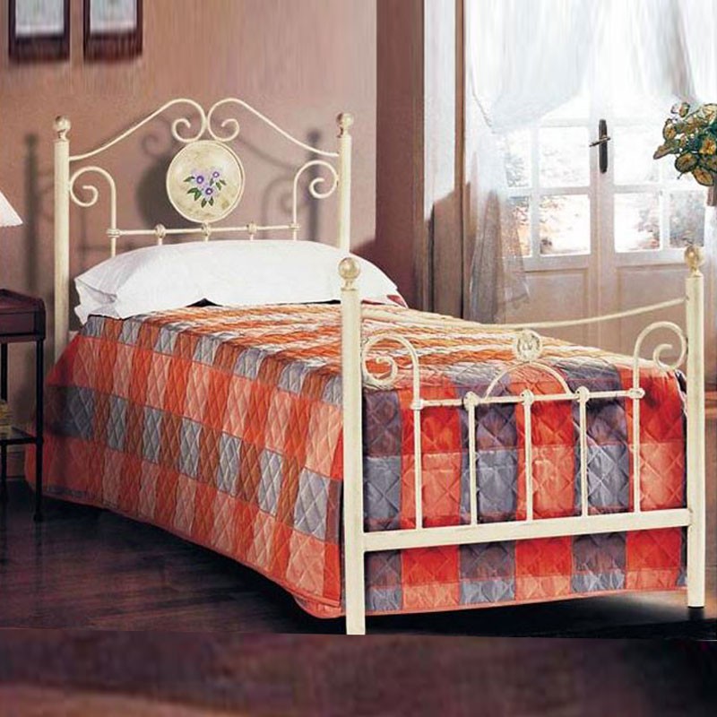 Letto Singolo in Ferro Battuto Lavorato Colore Avorio 90x202xH.110 cm