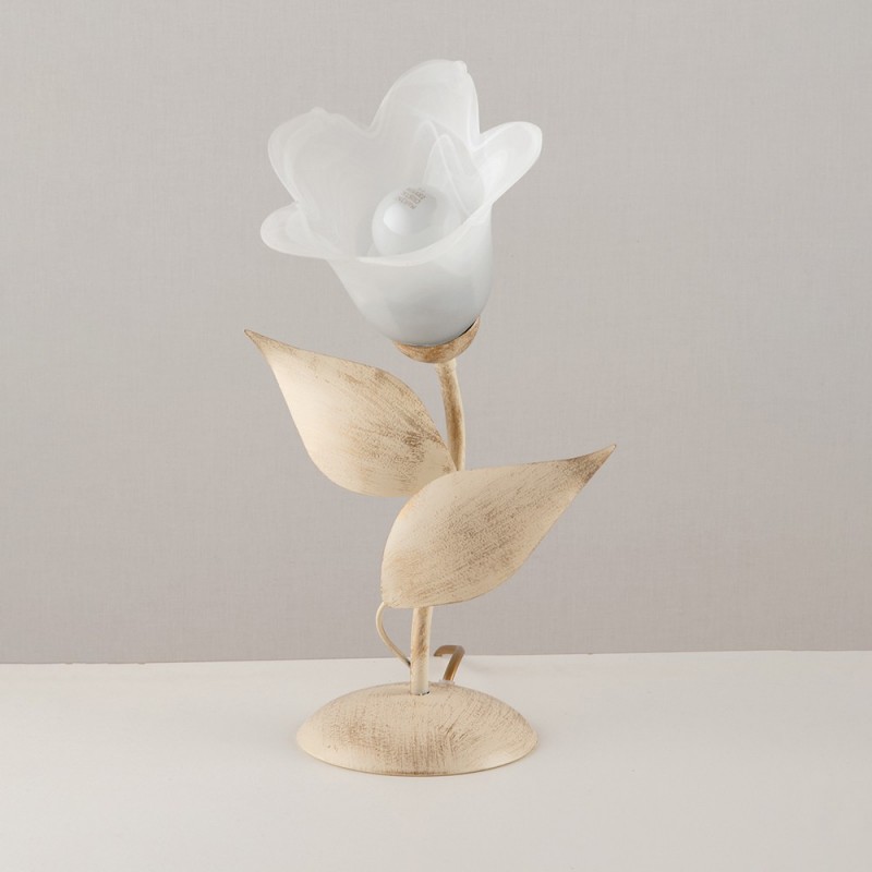 Lumetto in Ferro Avorio Oro con Vetro Alabastro Bianco 19x h36 cm