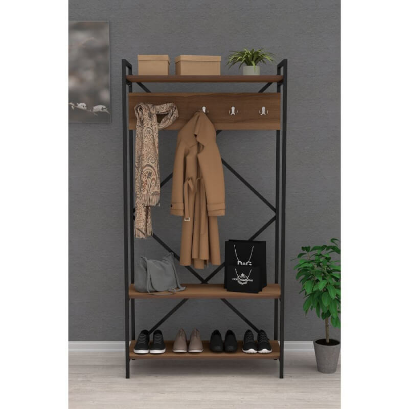 Mobile ingresso con appendiabiti e rastrelliera - Noce - 90x35x180h CM