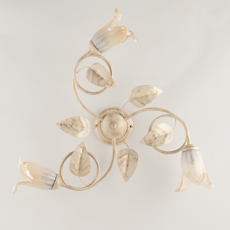 Plafoniera in ferro Avorio Oro Vetri Bianchi Ambra tre luci 59x h20 cm