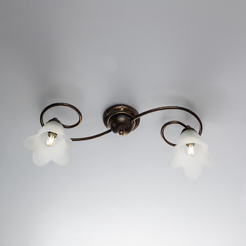 Plafoniera in ferro Marrone Oro due luci paralumi in vetro Bianco 56x26x h17 cm