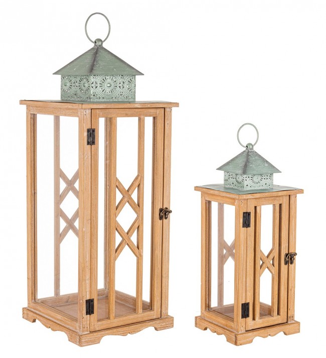 Set di 2 Lanterne Sybil Rett Naturali-Verdi Acqua - Design Rustico e Accogliente - Dimensioni: 26x26x59 cm e 18x18x39 cm