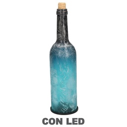 [S-V6118350000] Bottiglia Vetro Blu Pavone con LED Tondo 8x8x29 cm